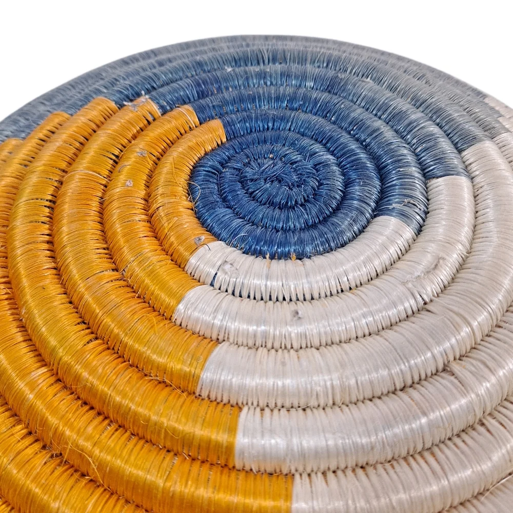 Woven Coil Basket Bowl Wall Hanging Orange Gray Cream 12
